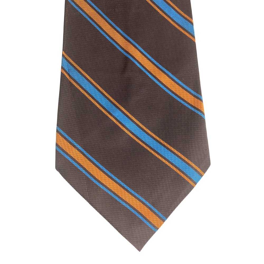 VTG Repp Silk Tie Mens Dark Chocolate Brown Orange Blue Striped Preppy 52.5x3.75